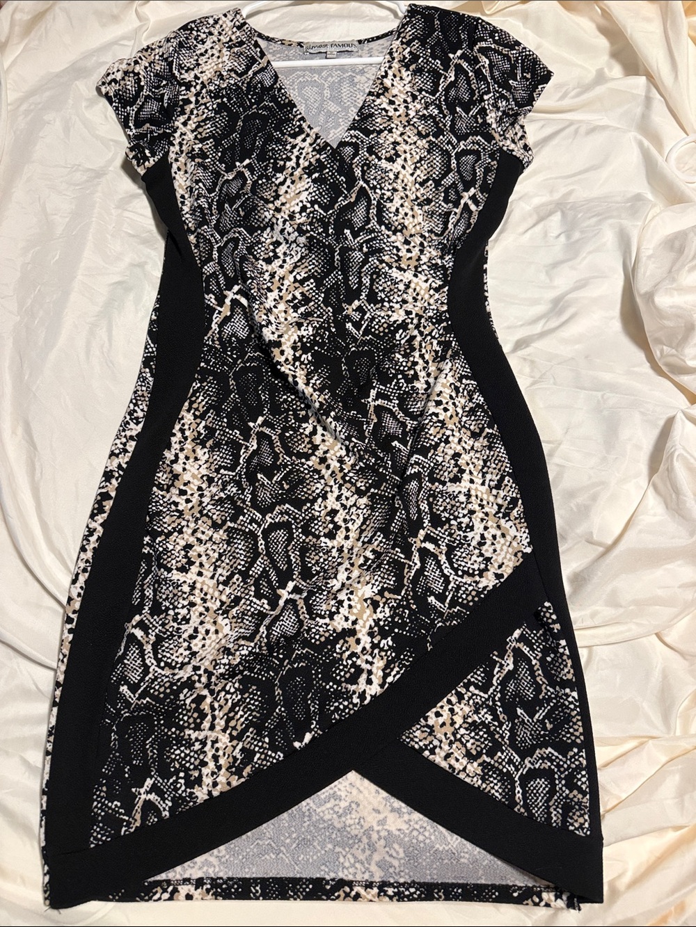 Almost Famous Black & Cream Snake-Print Faux-Wrap Sheath Dress
